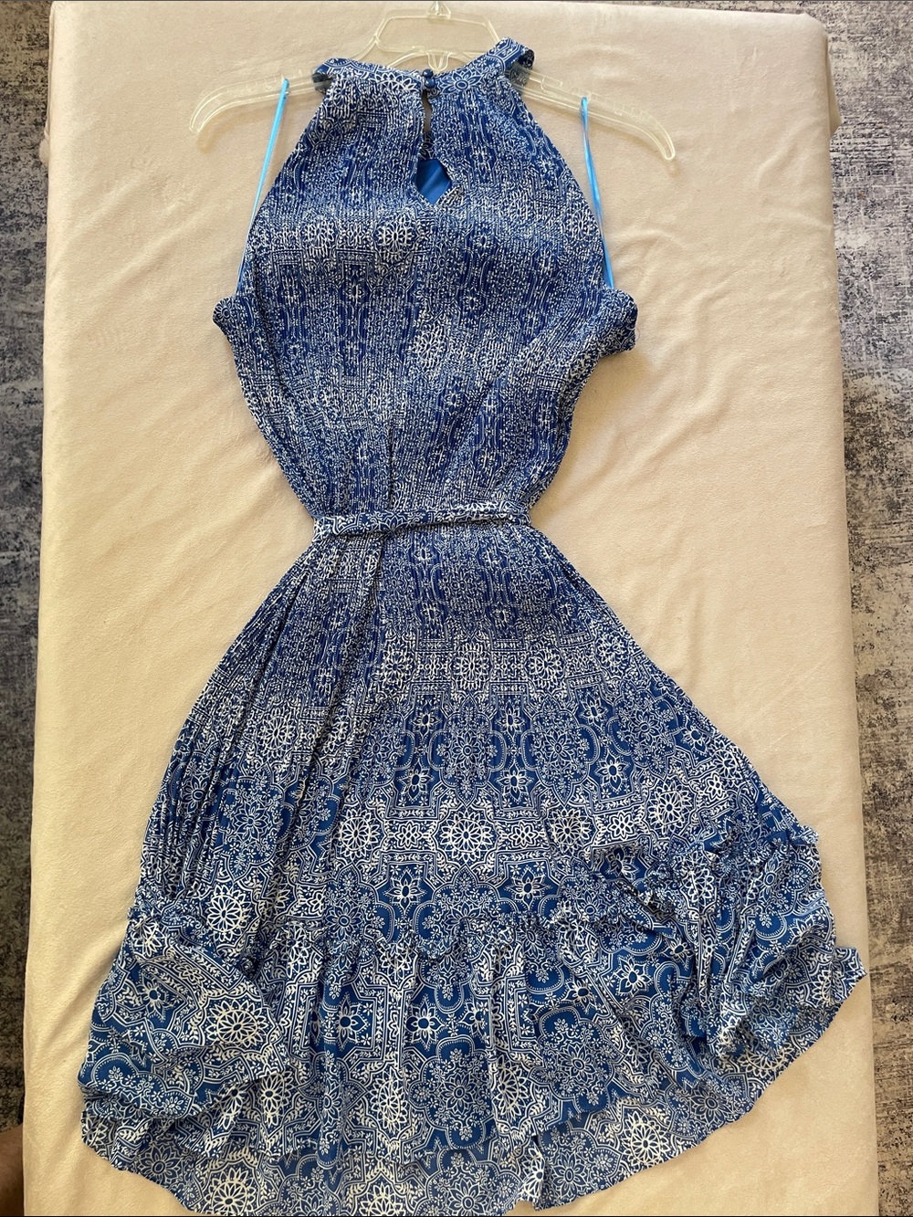 Blue Printed Halter Midi Dress with Waist Tie by Ann Taylor - Picture 2 of 11